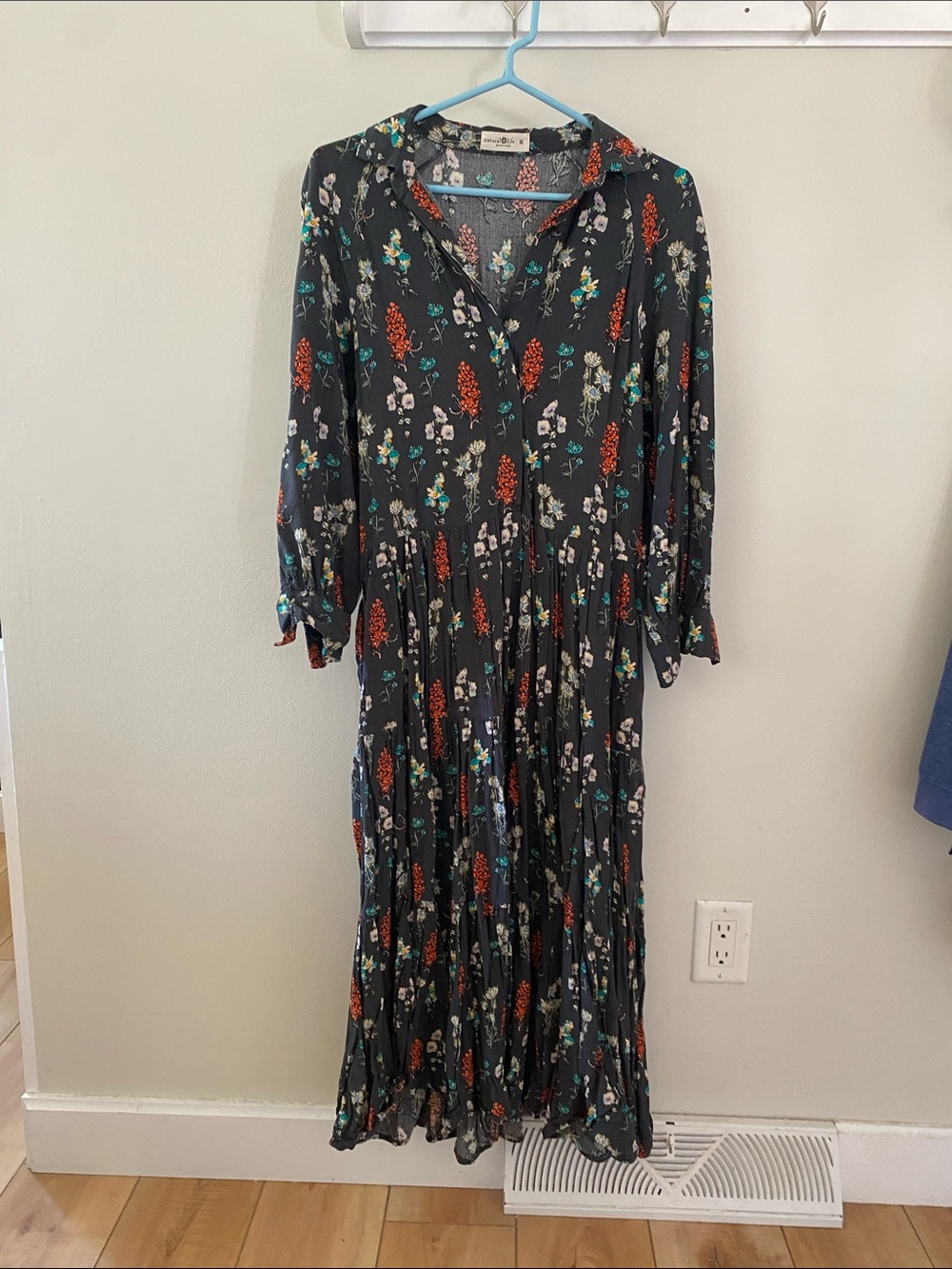 NATURAL LIFE Dark Floral Maxi Shirt Dress — Red & Teal Accents